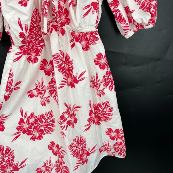Sim & Sam puff sleeve lined Hawaiian floral mini dress tropical white red Lilo S - Picture 3 of 10
